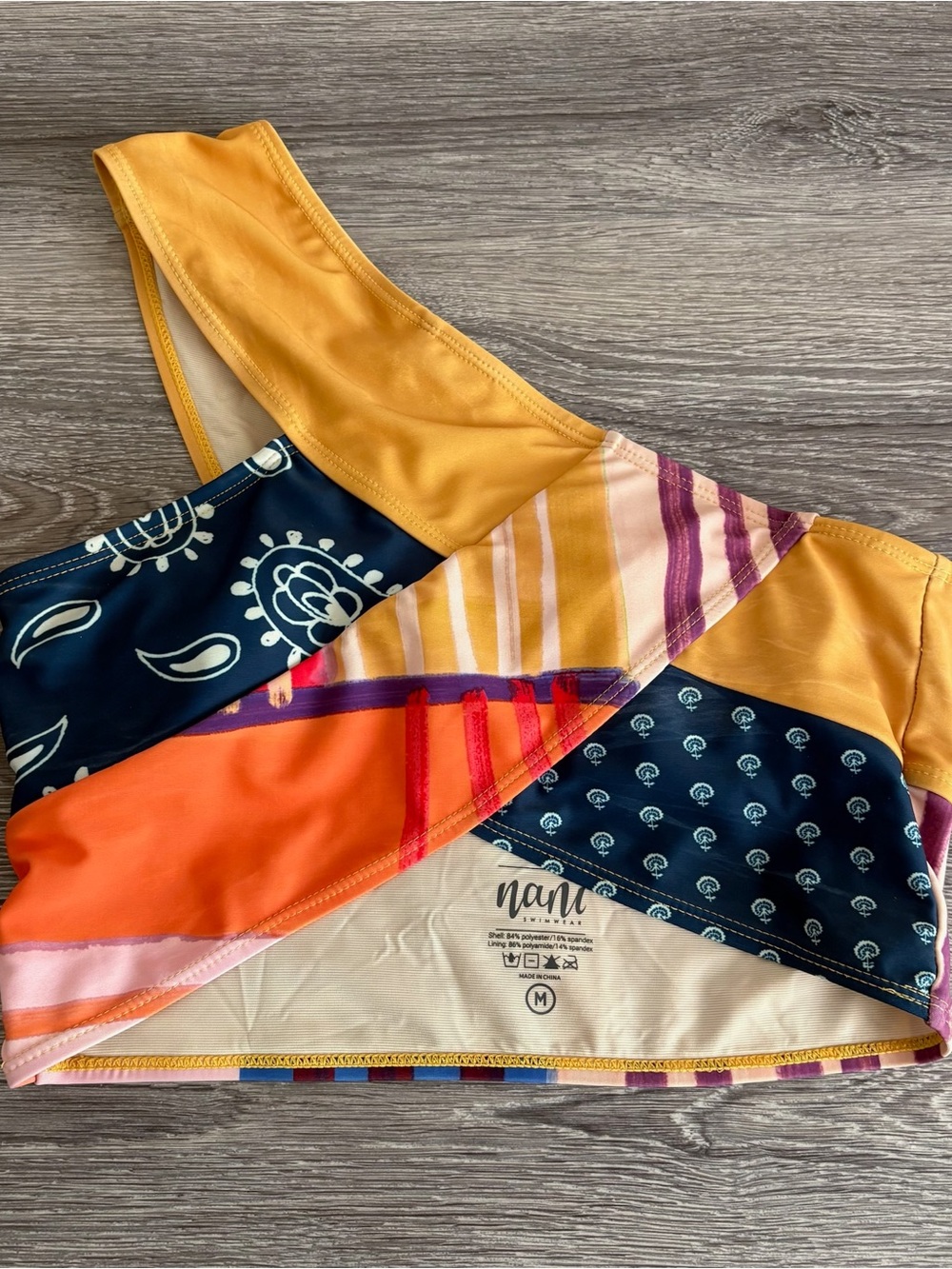Nani Colorblock Patchwork One-Shoulder Bikini Top Mustard, Navy & Orange Size M